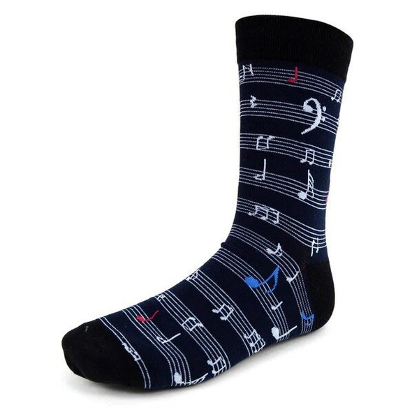 Men's Music Sheet Notes Treble Bass Clef Pattern Crew Novelty Socks - Black