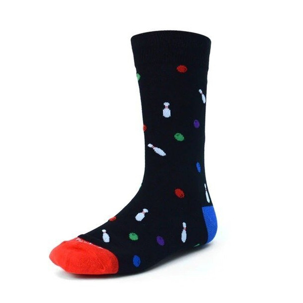 Men's Bowling Pins and Balls Pattern Premium Crew Novelty Socks - Black Red Blue