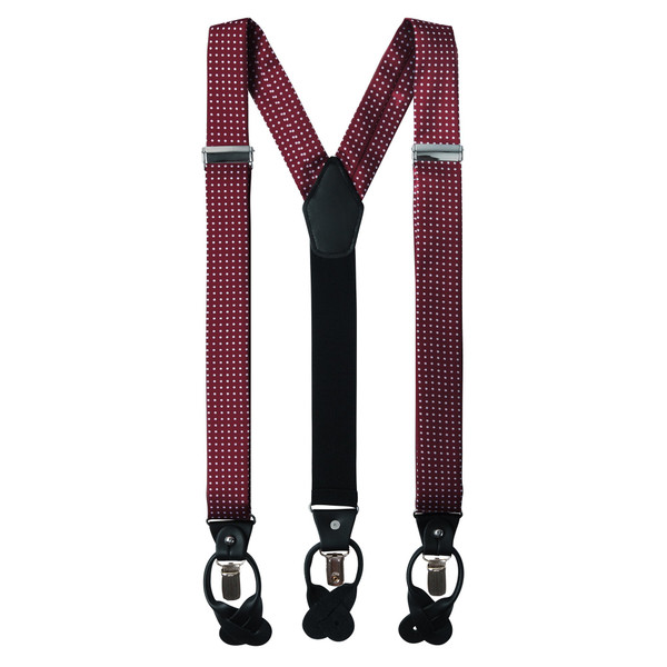 Men's Polka Dot Y-Back Suspenders Braces Convertible Leather Ends and Clips - Burgundy