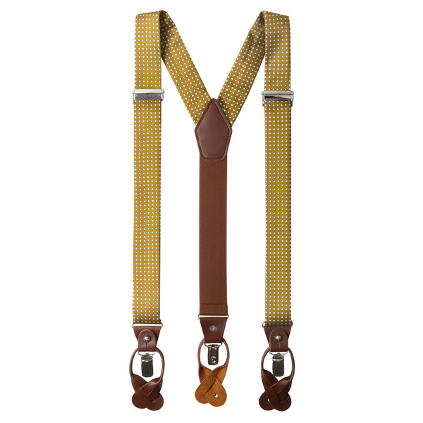 Men's Polka Dot Y-Back Suspenders Braces Convertible Leather Ends and Clips - Gold