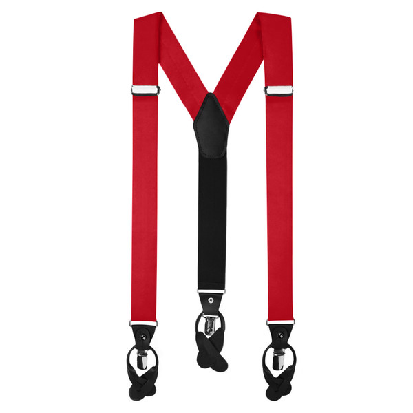 Men's Solid Fabric Suspenders Braces Convertible Leather Ends and Clips Y-Back - Red