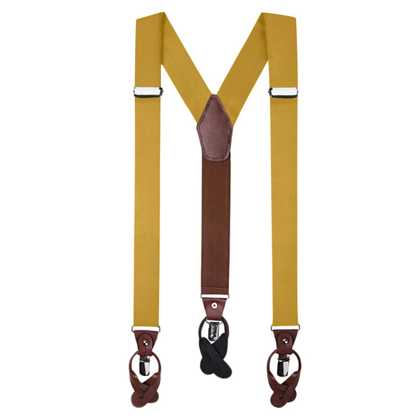 Men's Solid Fabric Suspenders Braces Convertible Leather Ends and Clips Y-Back - Gold