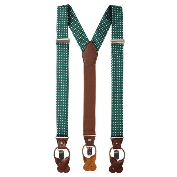 Men's Polka Dot Y-Back Suspenders Braces Convertible Leather Ends and Clips - Forest Green