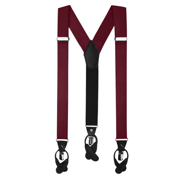 Men's Solid Fabric Suspenders Braces Convertible Leather Ends and Clips Y-Back - Burgundy