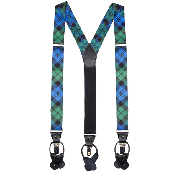 Men's Royal Tartans Plaid Black Watch Y-Back Suspenders - Blue Green