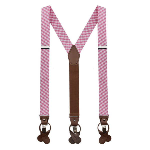 Men's Gingham Checkered Pattern Suspenders - Pink