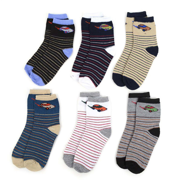 6 Pairs of Boys' Zooming Cars Kids Stripe Socks