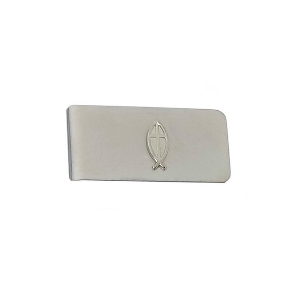 Ichthys Symbol Religious Fish and Cross Money Clip - Silver