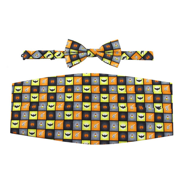 Men's Spooky Halloween Squares Jack-O'-Lantern Ghost Candy Corn Bats Cummerbund Set