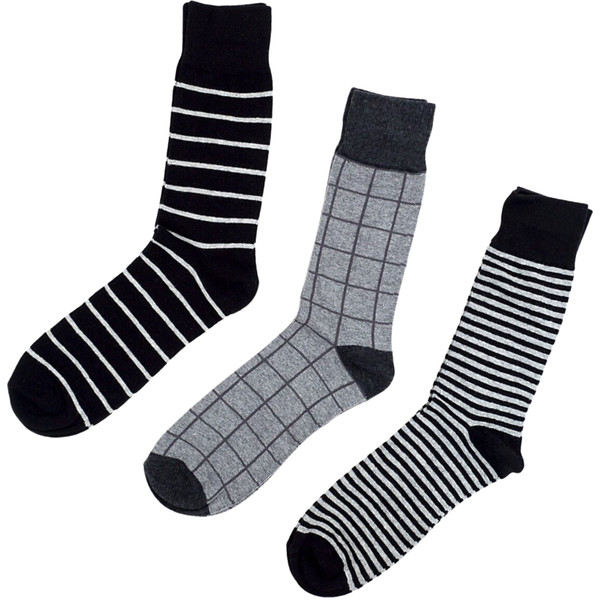 3 Pair Pack Men's Stripes and Grid Lines Pattern Socks - Black Gray White