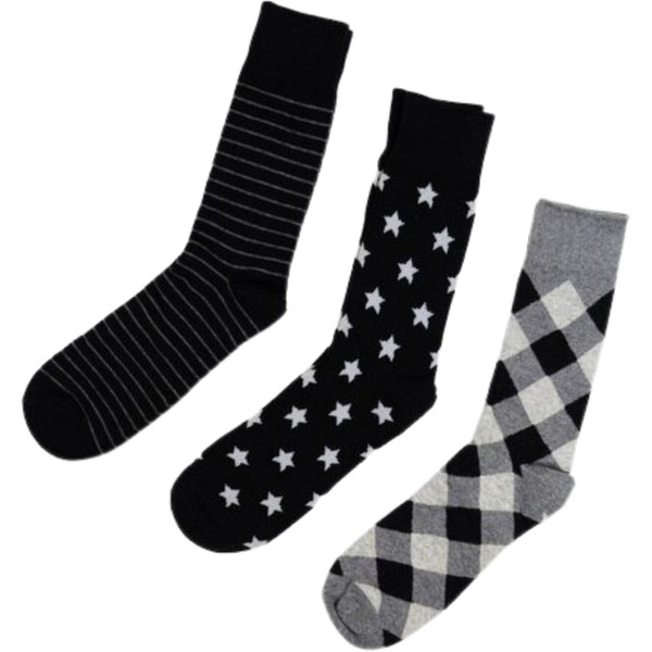 3 Pair Pack Men's Stripes Stars Checks Pattern Socks - Black White Gray