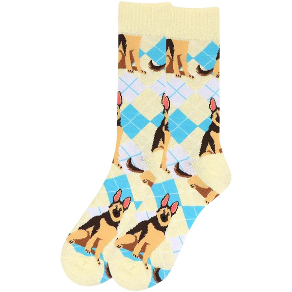 Men's Happy Go Lucky Argyle Loyal German Shepherd Dog Novelty Socks - Tan