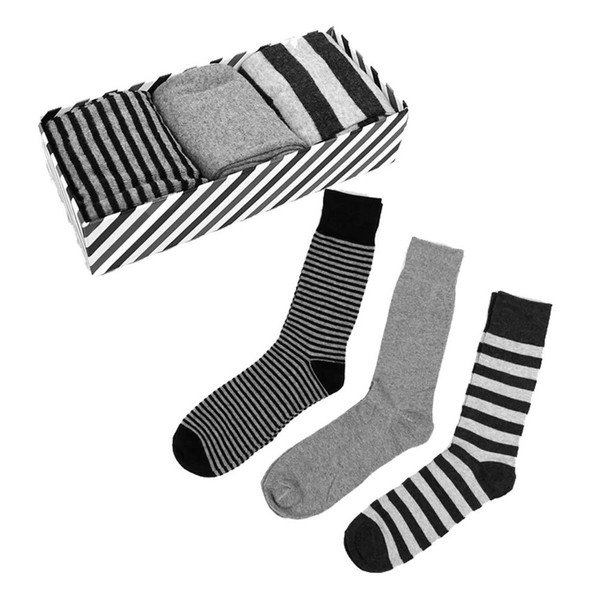 3 Pair Pack Men's Solids Stripes Pattern Socks - Black White Gray
