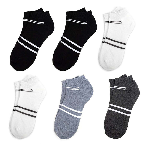 6 Pair Pack Men's Double Striped Cushion Athletic Ankle Socks - Black Gray White