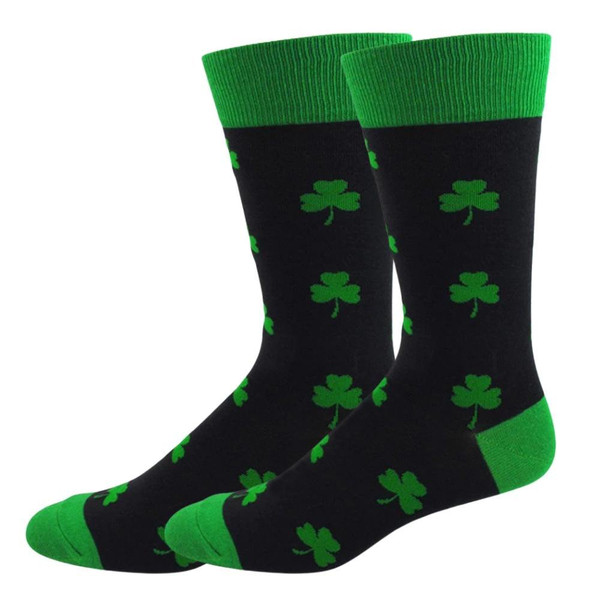 Pair of Women's St. Patrick's Day Shamrock Clover Novelty Crew Socks - Black Green