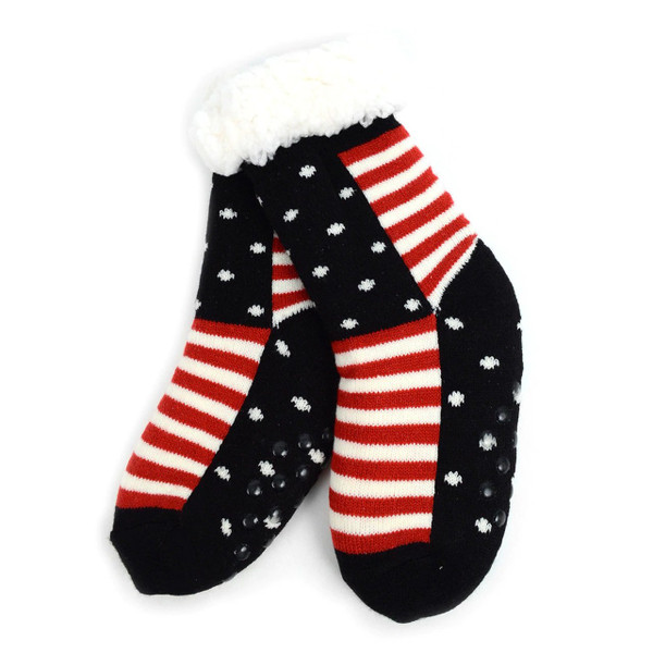 Girls' USA Flag Plush Fuzzy Sherpa Slipper Socks - Black Red White