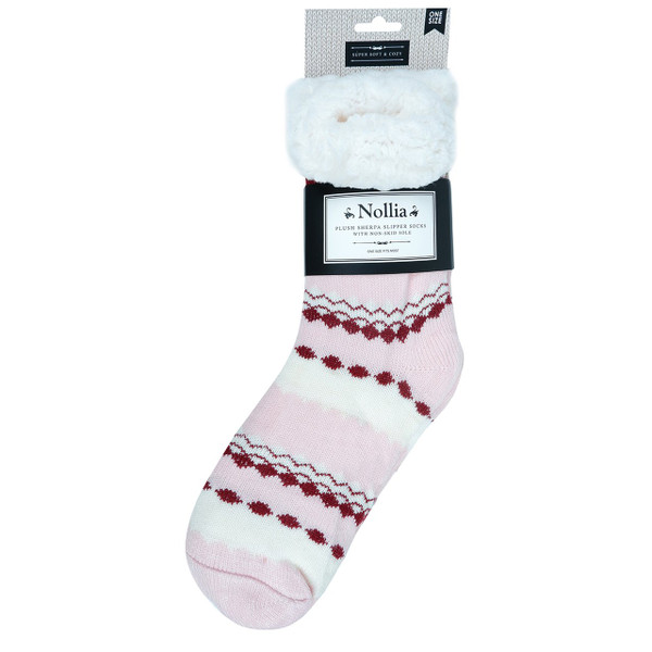 Women's Fancy Fuzzy Pattern Plush Sherpa Slipper Socks - Pink