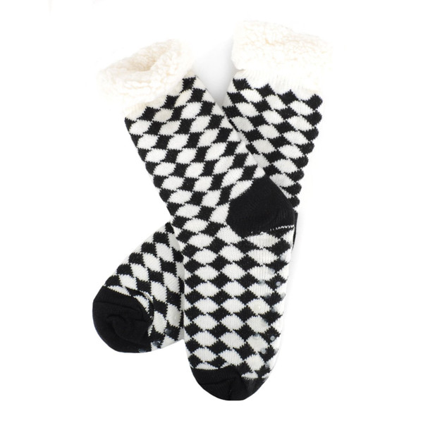 Women's Checkerboard Pattern Fuzzy Plush Sherpa Slipper Socks - Black White