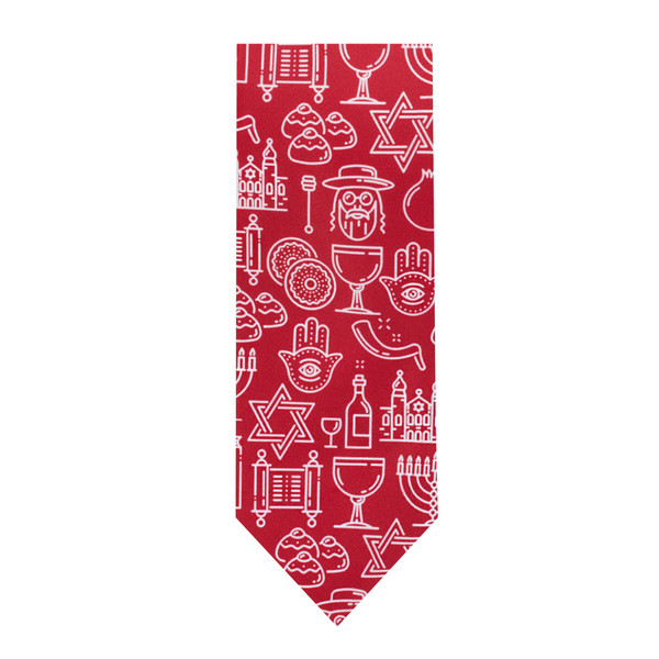 Men's Happy Hanukkah Jewish Symbols Rabbi Hamsa Star of David Menorah Neck Tie - Red