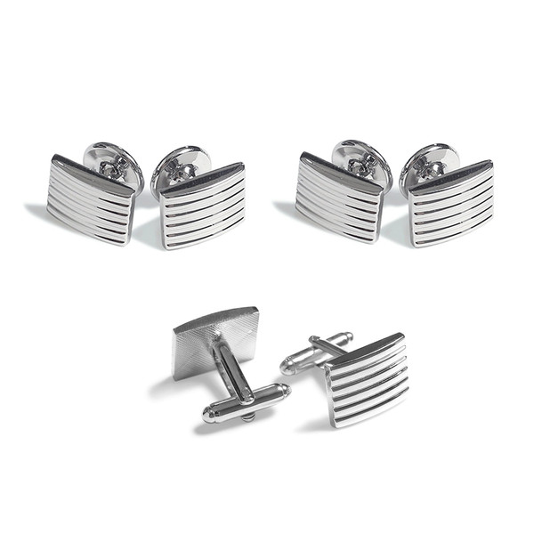 Silver Ribbed Cufflinks and Studs Set