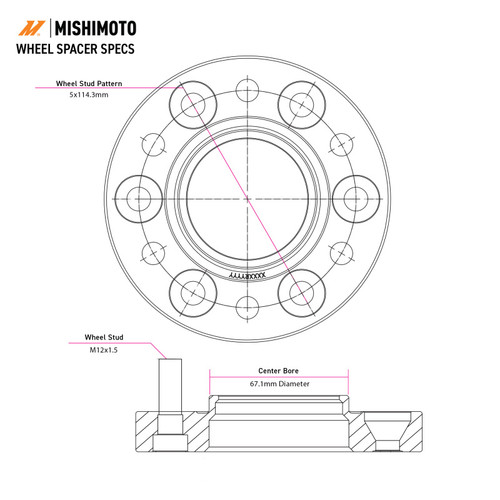 Mishimoto Wheel Spacers - 5x114.3 - 67.1 - 50 - M12 - Black - MMWS-004-500BK Technical Drawing