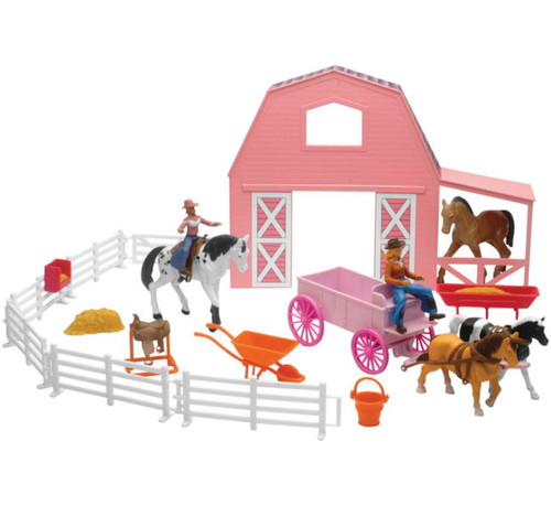 New Ray Toys Valley Ranch Set with Pink Barn, Horses, Cowgirls and Fences/ Scale 1:32 User 1