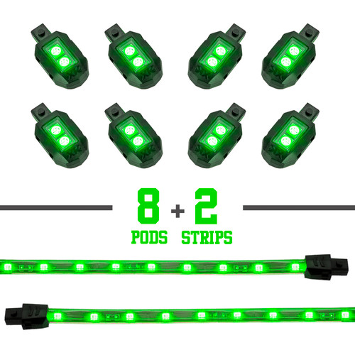 XK Glow Strips Single Color XKGLOW LED Accent Light Motorcycle Kit Green - 8xPod + 2x8In User 1