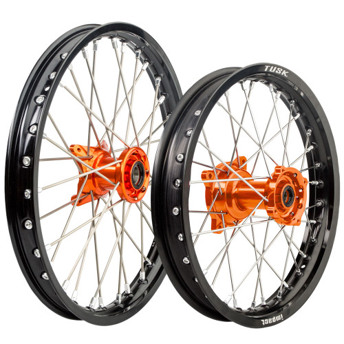 HUSQVARNA TC 85 17/14 14-20 Tusk Impact Complete Front and Rear Wheel 1.40 x 19 / 1.85 x 16 Black Rim/Silver Spoke/Orange Hub