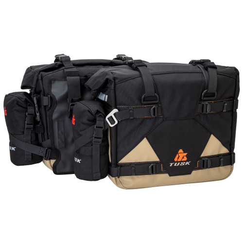 KAWASAKI KLR650 22-25 Tusk Pannier Racks with Tusk Pilot Pannier Bags and Bottle Holders  Black/Tan