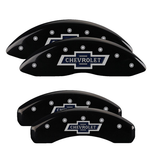 MGP 4 Caliper Covers Engraved Front & Rear Chevrolet 100 Anniversary Logo Black Finish Silver Charac - 14005SBANBK Photo - Primary