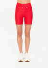 THE UPSIDE women's red eco tech Oxford 5-inch Spin Short is supportive and comfortable with mid-rise, cream side stripes, and elastic waist drawcord. Made for high impact.