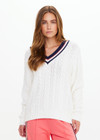 THE UPSIDE women’s cream organic cotton Espada Louie V Neck Sweater is a regular, chunky cable knit design with a navy and rose striped neckline. Made for everyday.