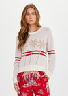 THE UPSIDE women's creme organic cotton Palma Joni Knit Crew features raglan sleeves, palm tree chest design, and red stripes around back and sleeves. Made for lifestyle.