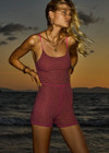 THE UPSIDE women's pink check Aliki Kiva Bodysuit features elastic straps, low cross back, and inner shelf bra with removable cups. Made for yoga and pilates.