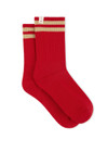 THE UPSIDE women’s red Curio Crew Sock with jacquard stripes in gold metallic yarn.