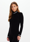 THE UPSIDE women’s black merino Wool Seamless Base Quarter Zip offers a soft & comfortable fit and features white striped ribbing on cuffs and collar. Designed for Après-ski and winter wear.
