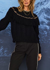 THE UPSIDE women’s navy Clara Tassle Knit Sweater is a relaxed, cable knit design featuring knotted tassels on front and back. Designed for Après-ski and winter wear.