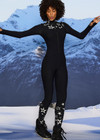 THE UPSIDE women’s black Superstar Nova Jumpsuit offers a firm & supportive fit in our jacquard stretch fabrication and features a mock neck zip through and thumb holes. Designed for Après-ski and winter wear.