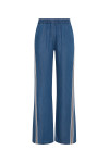 THE UPSIDE women’s blue Lykke Juliet Pant in soft chambray features a low-rise fit, split hem, and contrasting mesh knit side stripe. The perfect travel pant.