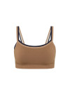 THE UPSIDE women’s mocha recycled Form Seamless Kelsey Bra is a double-layer mocha bra with navy contrast and moisture control. Made for yoga and pilates.