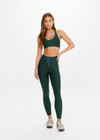 THE UPSIDE women’s recycled green Maneki 25In Legging features quick-dry fabric, contrast blue and butter side binds, and an elastic drawcord waist. Made for yoga and pilates.