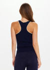 THE UPSIDE women’s navy organic cotton Equine Raf Knit Tank is designed for a slim fit and features a racerback design with tan stripe detailing along neck and armhole. Made for everyday.