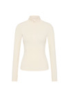 THE UPSIDE women's cream Courtship Dova Run Top is a form fitting long-sleeve and features a quarter zip opening with mock neck, thumb holes and invisible zip pockets. Made for running.