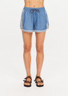 THE UPSIDE women's blue Klio Short is designed for a mid-rise, relaxed fit and features a soft elasticated waistband with drawcord and contrast binds in cream along curved hem. Made for everyday.