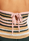 THE UPSIDE women's stripe Bohemia Sal Crochet Halter Top is true to size with a tie keyhole back and striped design in pink, tan, cream, and green. Made for lifestyle.