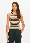 THE UPSIDE women's stripe Bohemia Sal Crochet Halter Top is true to size with a tie keyhole back and striped design in pink, tan, cream, and green. Made for lifestyle.