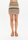 THE UPSIDE women's stripe Bohemia Crochet Mini Skirt is true to size with an encased elastic waist and striped pattern in pink, green, tan, and cream. Made for lifestyle.