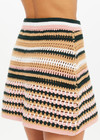 THE UPSIDE women's stripe Bohemia Crochet Mini Skirt is true to size with an encased elastic waist and striped pattern in pink, green, tan, and cream. Made for lifestyle.