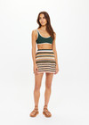 THE UPSIDE women's stripe Bohemia Crochet Mini Skirt is true to size with an encased elastic waist and striped pattern in pink, green, tan, and cream. Made for lifestyle.