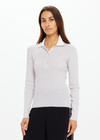 THE UPSIDE women's grey Faye Fine Knit Polo is slim fit in 100% merino wool with contrast cream accents and front button closure. Made for lifestyle.